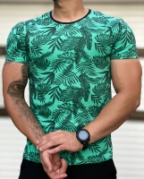 تیشرت آستین کوتاه طرح هاوایی مدل برگ رنگ سبزآبی