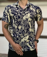 پیراهن هاوایی مدل برگ سرمه ای کرم