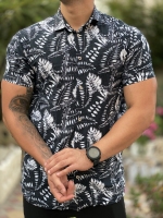 پیراهن هاوایی مدل برگ مشکی سفید